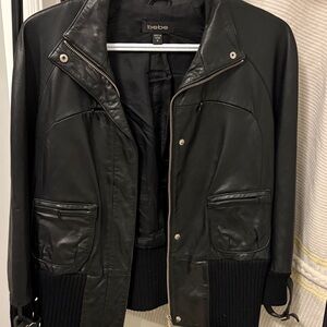 Bebe Black Leather Jacket with Zipper